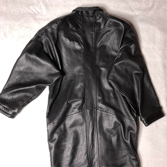 💜 Vintage 80s padded shoulder calf length tapered long leather trench coat Med - Picture 3 of 8